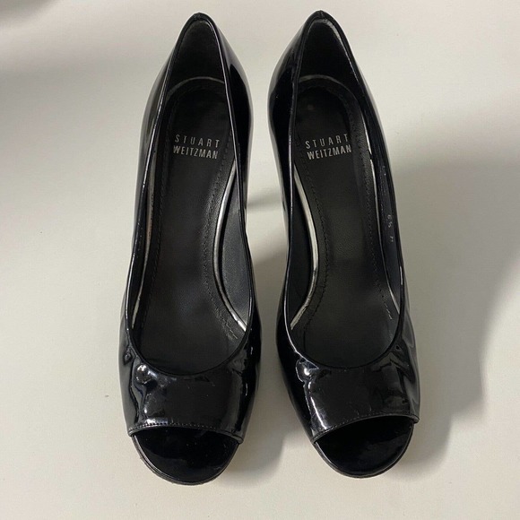 Stuart Weitzman Linda Peep Toe Pump Patent Leather Black Slim Heel Slip On 6.5 - Picture 3 of 6